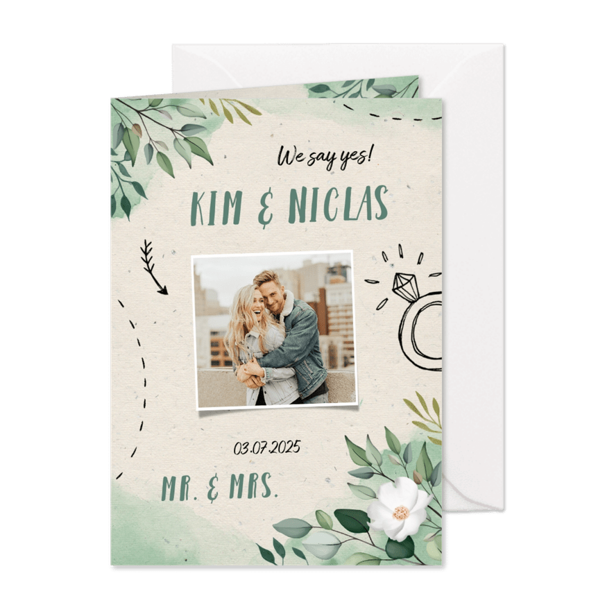 Hochzeitseinladung Blumen & Doodles mit Foto - Karteneindruck
