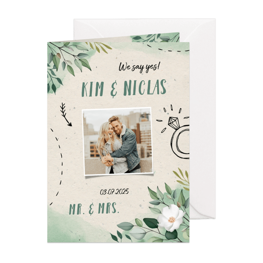 Hochzeitseinladung Blumen & Doodles mit Foto - Karteneindruck
