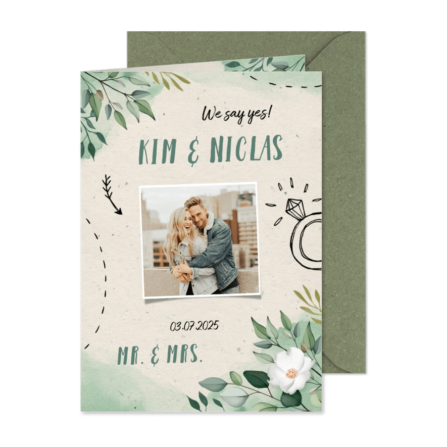 Hochzeitseinladung Blumen & Doodles mit Foto - Karteneindruck