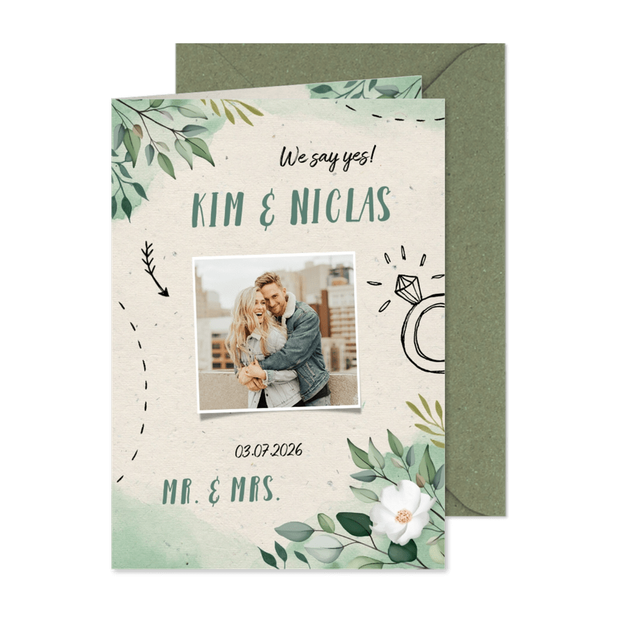 Hochzeitseinladung Blumen & Doodles mit Foto - Karteneindruck
