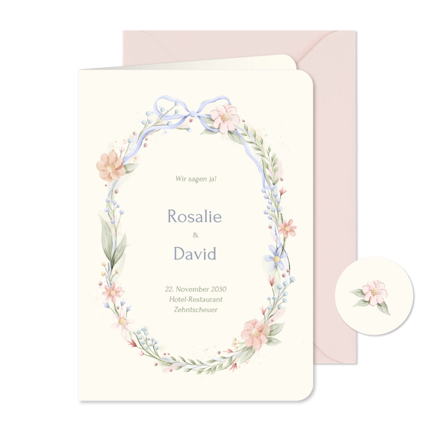Hochzeitseinladung Blumenkranz mit Schleife Vintage - Karteneindruck