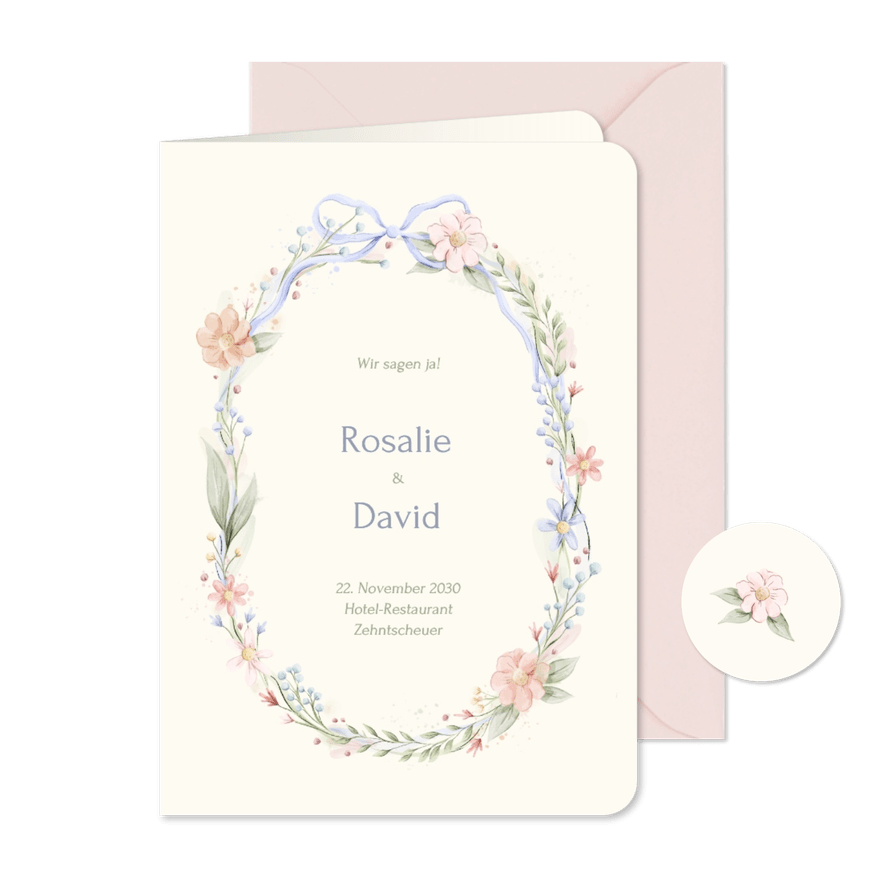 Hochzeitseinladung Blumenkranz mit Schleife Vintage - Kartenvorschau
