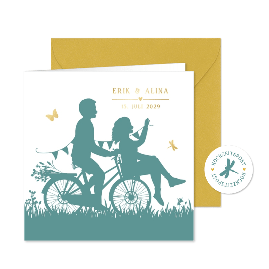 Hochzeitseinladung Brautpaar Scherenschnitt Fahrrad - Karteneindruck