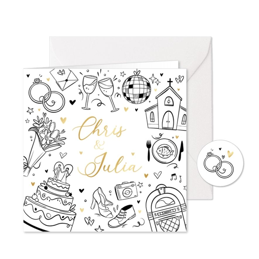 Hochzeitseinladung Doodles Goldelemente - Karteneindruck