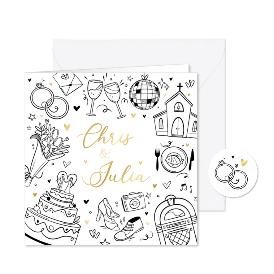 Hochzeitseinladung Doodles Goldelemente - Kartenvorschau