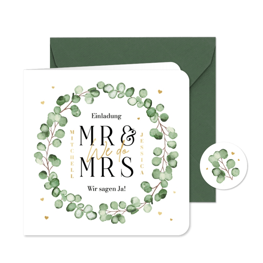Hochzeitseinladung Eukalyptuskranz Aquarell - Karteneindruck
