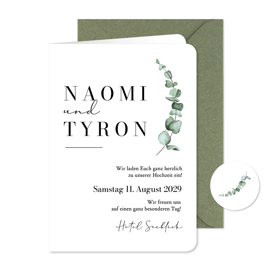 Hochzeitseinladung Eukalyptuszweig elegant Aquarell - Karteneindruck
