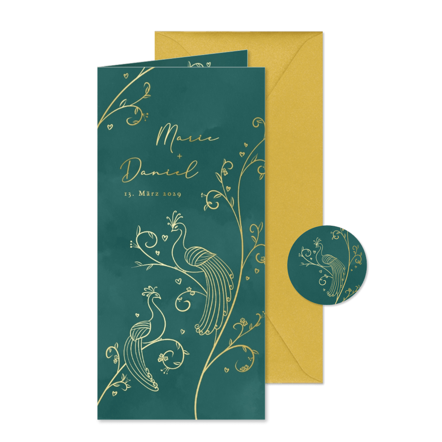 Hochzeitseinladung filigrane Pfauen in Gold - Karteneindruck