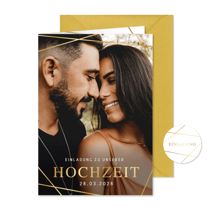 Hochzeitseinladung Foto Linienspiel gold - Karteneindruck
