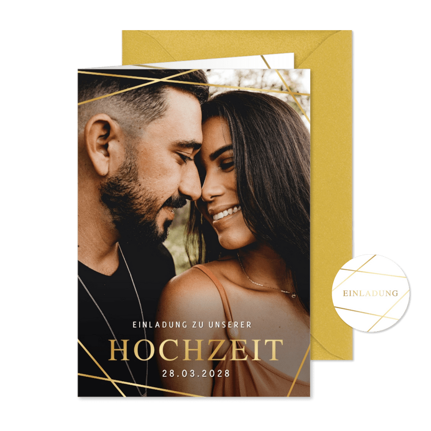 Hochzeitseinladung Foto Linienspiel gold - Karteneindruck
