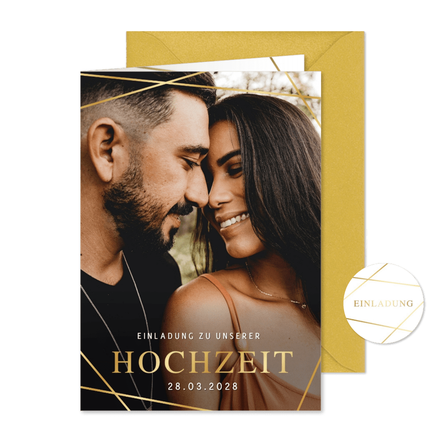 Hochzeitseinladung Foto Linienspiel gold - Karteneindruck