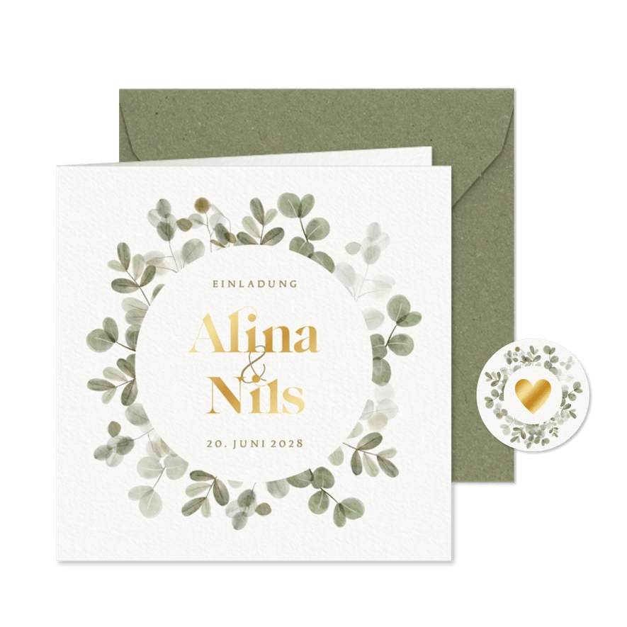 Hochzeitseinladung Gold & Eukalyptuskranz - Karteneindruck
