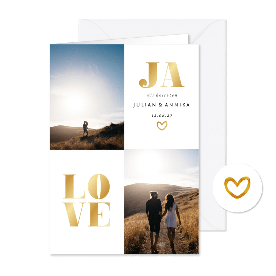 Hochzeitseinladung Goldakzente Fotos A6 - Kartenvorschau