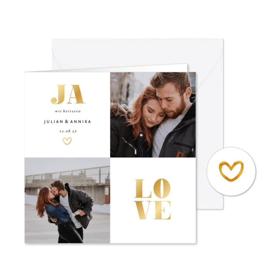 Hochzeitseinladung Goldakzente Fotos Quadrat - Karteneindruck