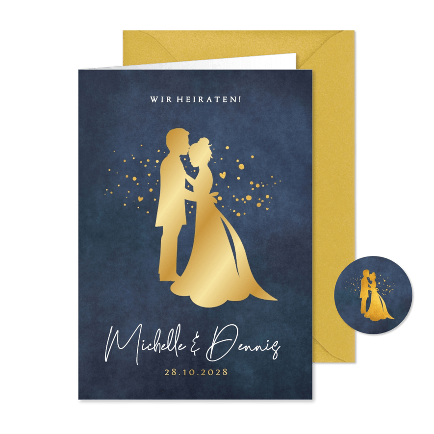 Hochzeitseinladung Goldlook Brautpaar Scherenschnitt - Karteneindruck