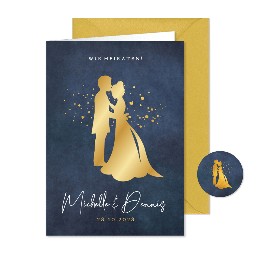 Hochzeitseinladung Goldlook Brautpaar Scherenschnitt - Karteneindruck