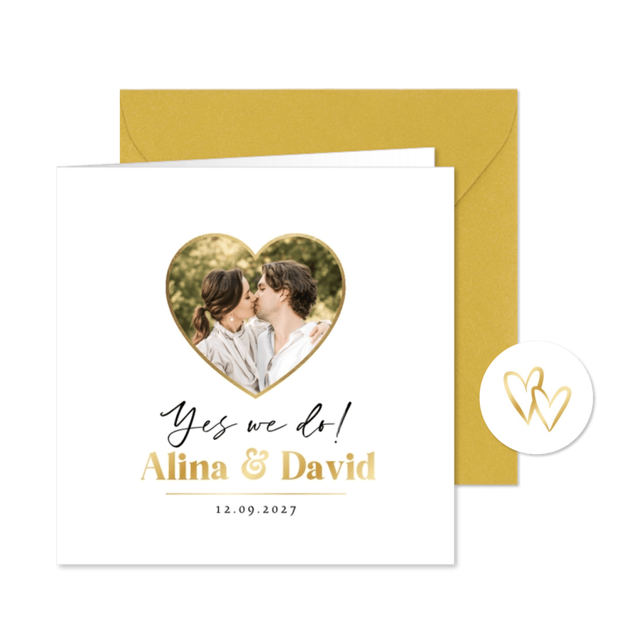 Hochzeitseinladung Goldschrift & Herz - Karteneindruck
