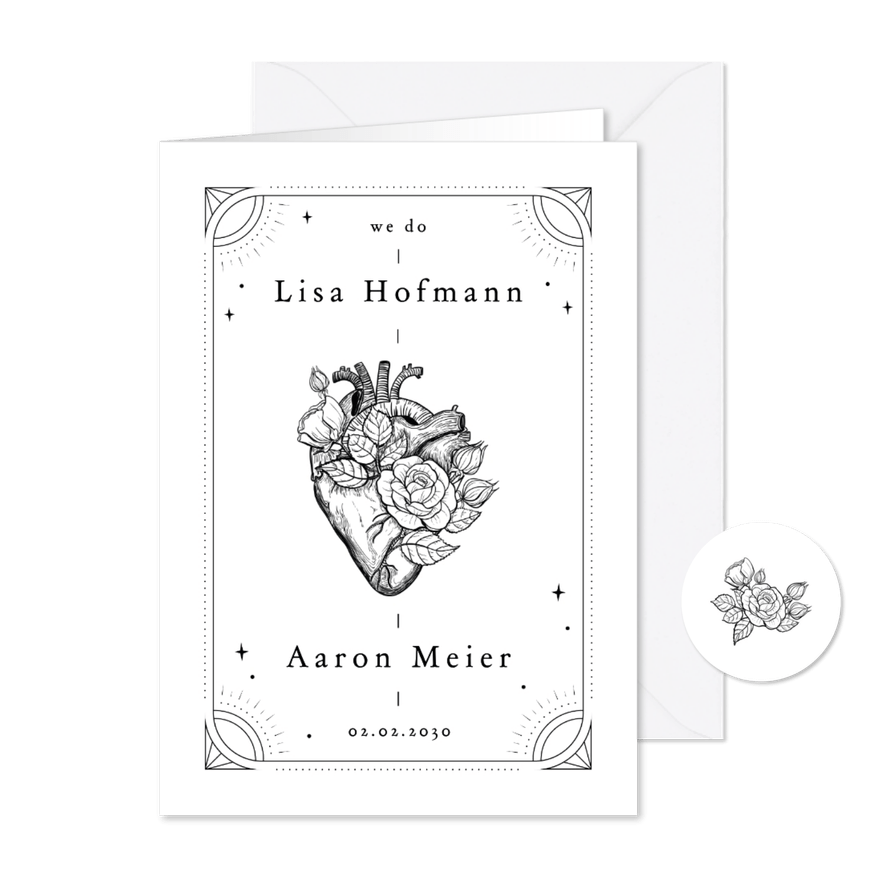Hochzeitseinladung Herz anatomisch Tattoo - Karteneindruck

