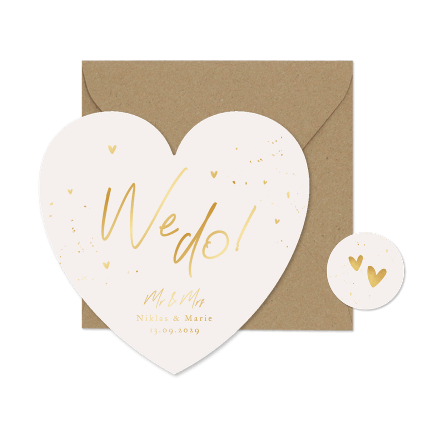 Hochzeitseinladung Herzform 'We do!' Goldschrift - Kartenvorschau
