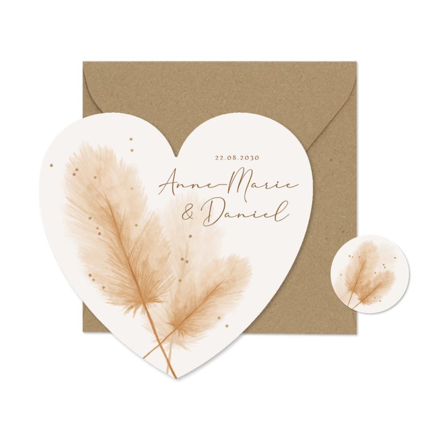 Hochzeitseinladung Herzkarte Bohemien Pampasgras - Karteneindruck