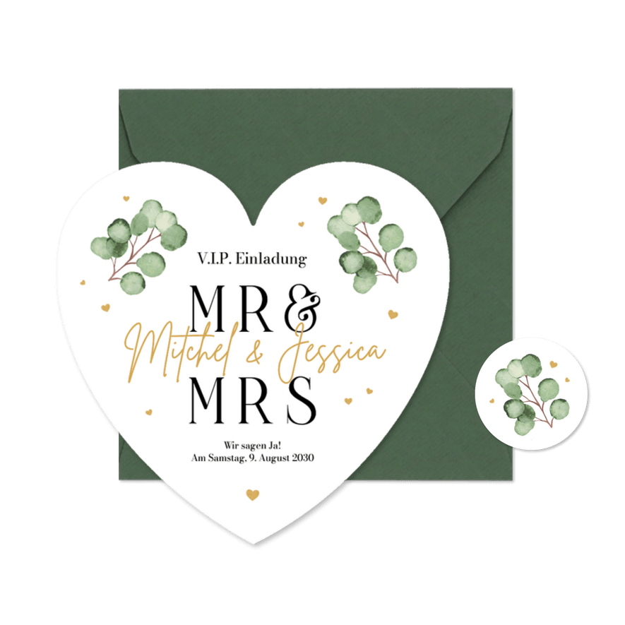 Hochzeitseinladung Herzkarte Eukalyptuszweige Aquarell - Karteneindruck
