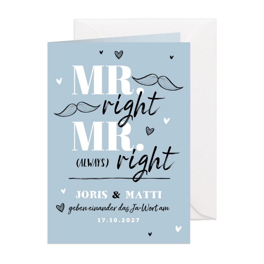 Hochzeitseinladung 'Mr. right Mr. always right' - Karteneindruck
