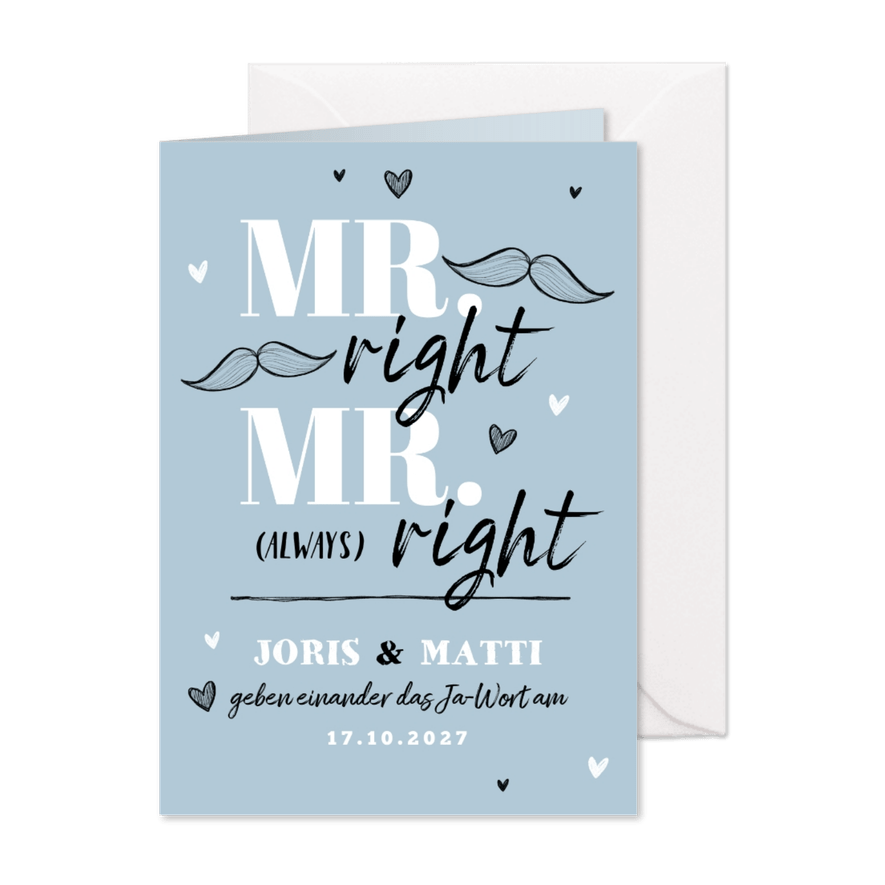 Hochzeitseinladung 'Mr. right Mr. always right' - Karteneindruck
