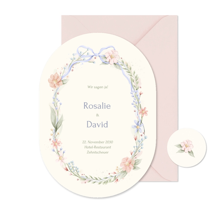 Hochzeitseinladung Oval Blumenkranz mit Schleife Vintage - Kartenvorschau