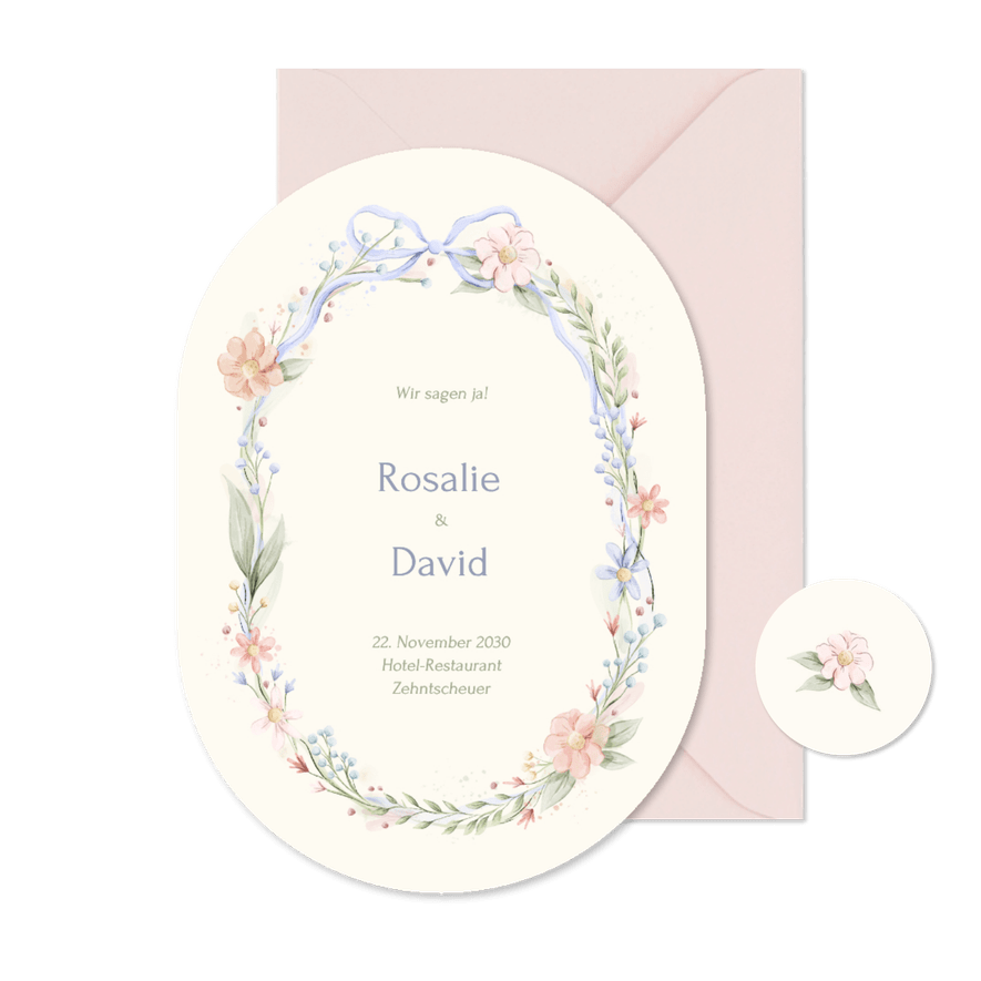 Hochzeitseinladung Oval Blumenkranz mit Schleife Vintage - Karteneindruck
