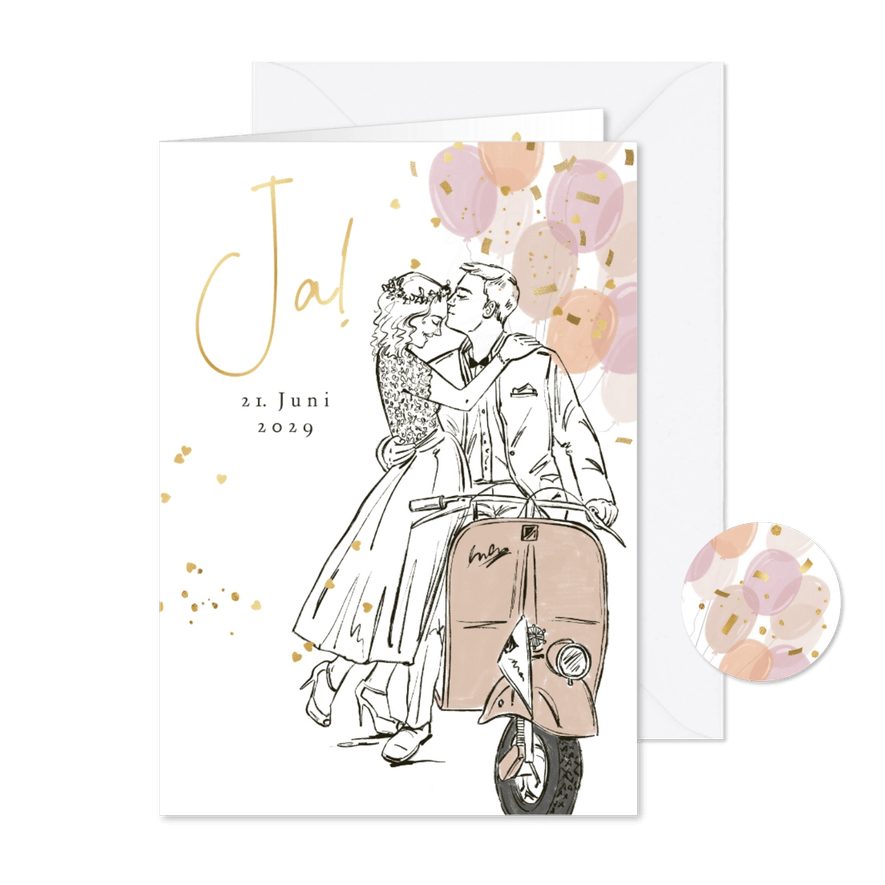 Hochzeitseinladung Paar mit Motorroller - Karteneindruck