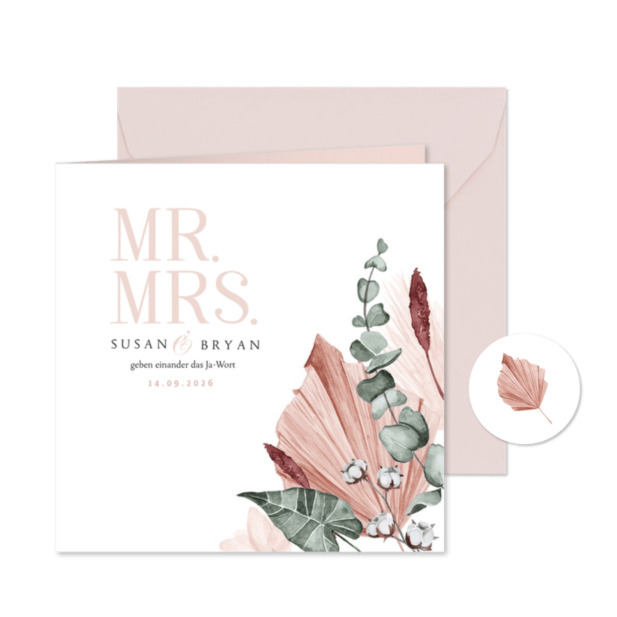 Hochzeitseinladung rosé Trockenblumen und Foto innen - Kartenvorschau