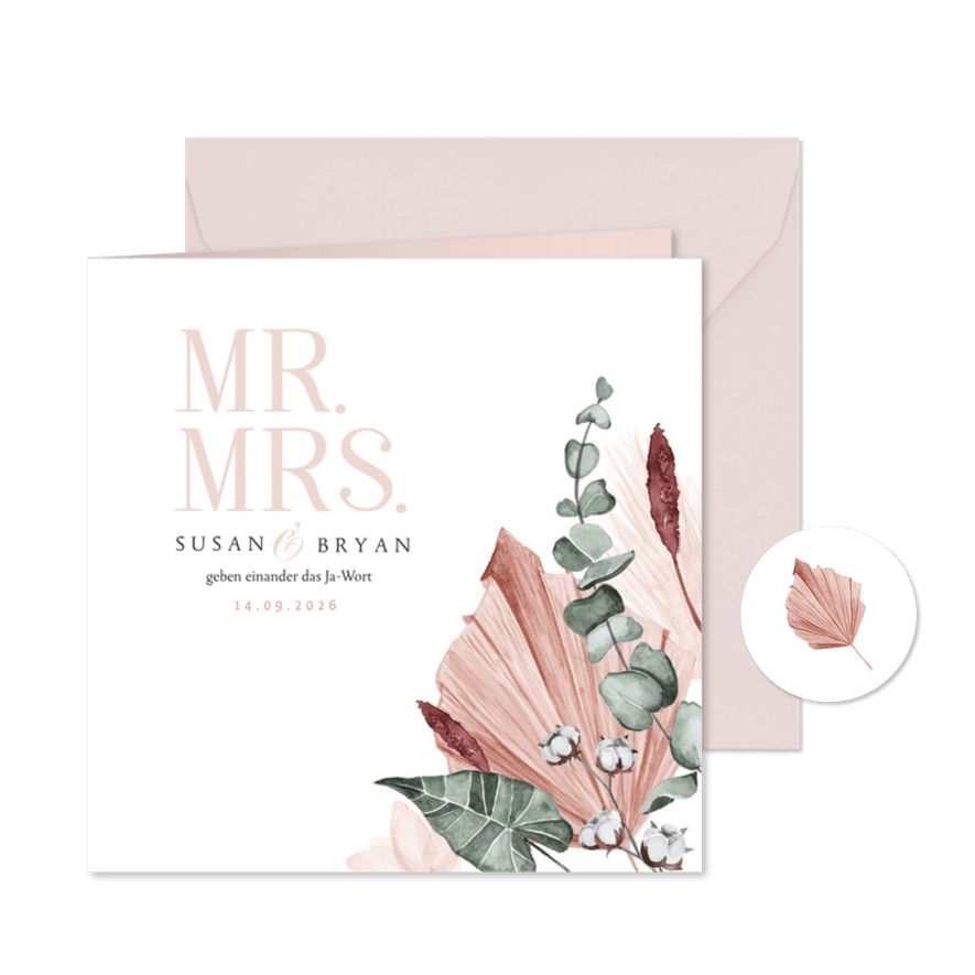 Hochzeitseinladung rosé Trockenblumen und Foto innen - Karteneindruck
