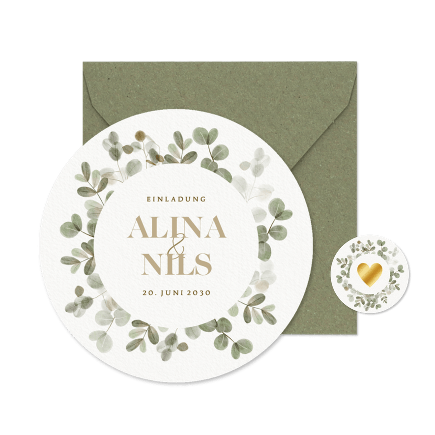 Hochzeitseinladung runde Karte Auqarell Eukalyptuskranz - Karteneindruck
