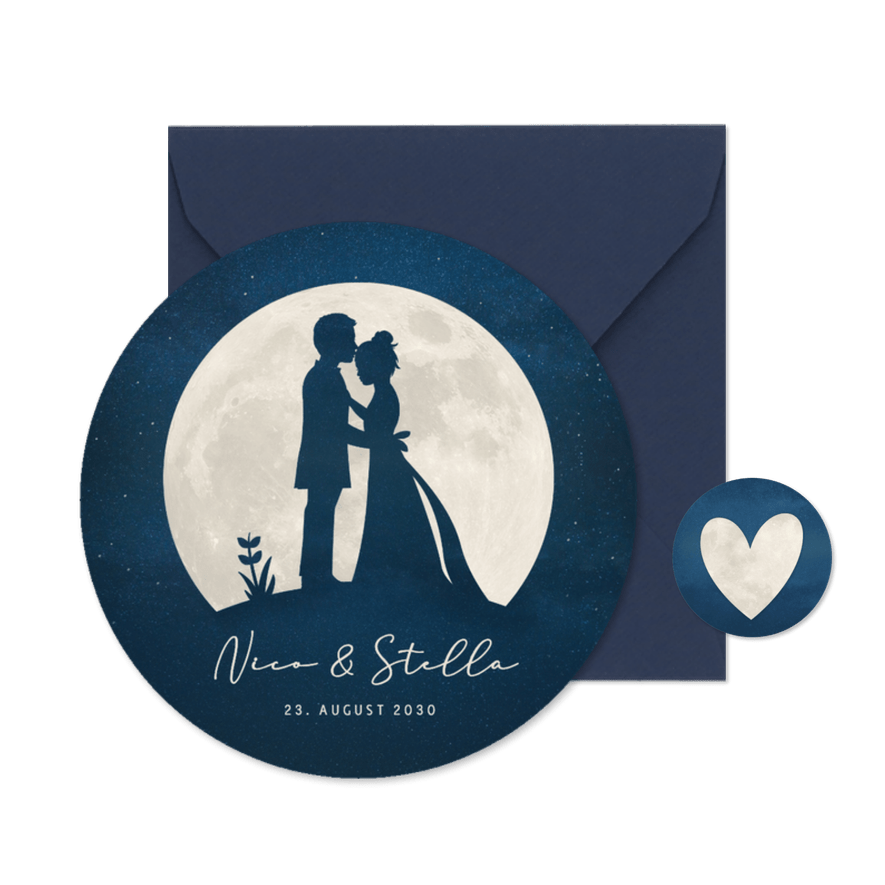 Hochzeitseinladung runde Karte Vollmond Silhouetten Ehepaar - Kartenvorschau