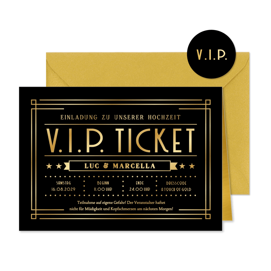 Hochzeitseinladung schwarz-gold Artdeco VIP-Ticket - Karteneindruck
