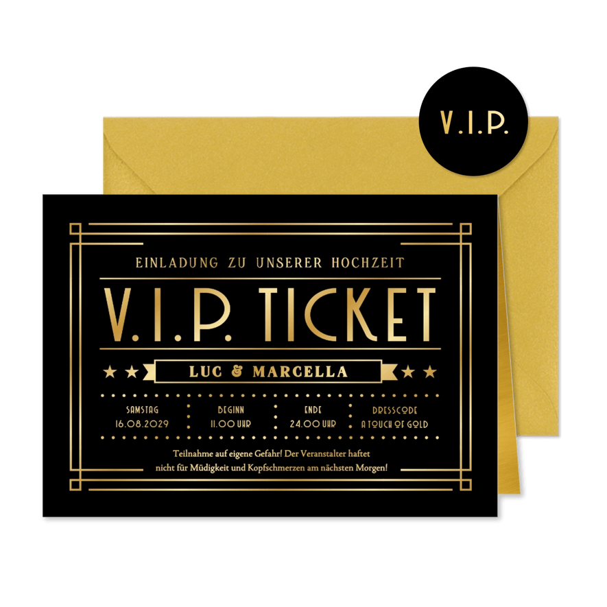 Hochzeitseinladung schwarz-gold Artdeco VIP-Ticket - Karteneindruck