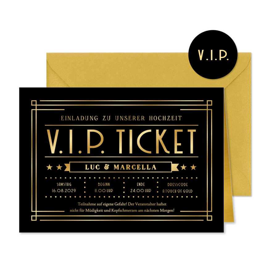 Hochzeitseinladung schwarz-gold Artdeco VIP-Ticket - Karteneindruck
