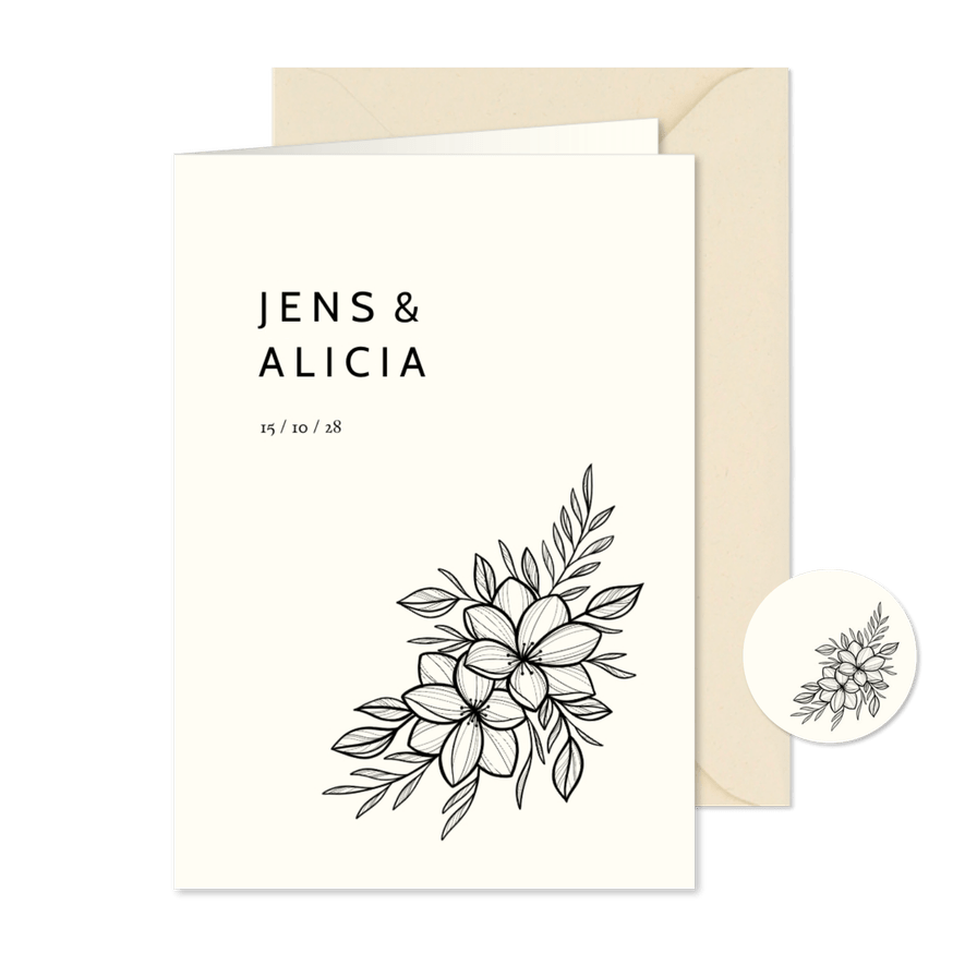 Hochzeitseinladung schwarze Blumen - Karteneindruck