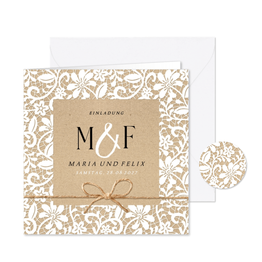 Hochzeitseinladung Spitze romantisch Kraftpapierlook - Karteneindruck