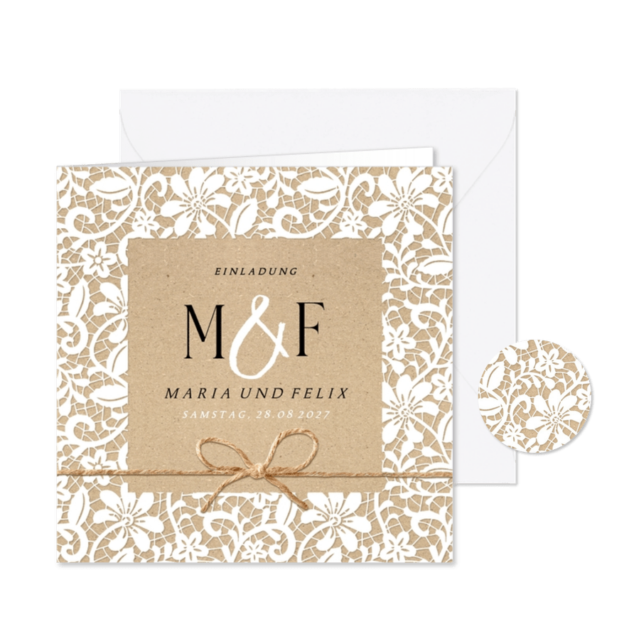 Hochzeitseinladung Spitze romantisch Kraftpapierlook - Karteneindruck