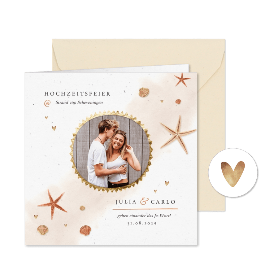 Hochzeitseinladung Strandlook mit eigenem Foto & Seesternen - Karteneindruck