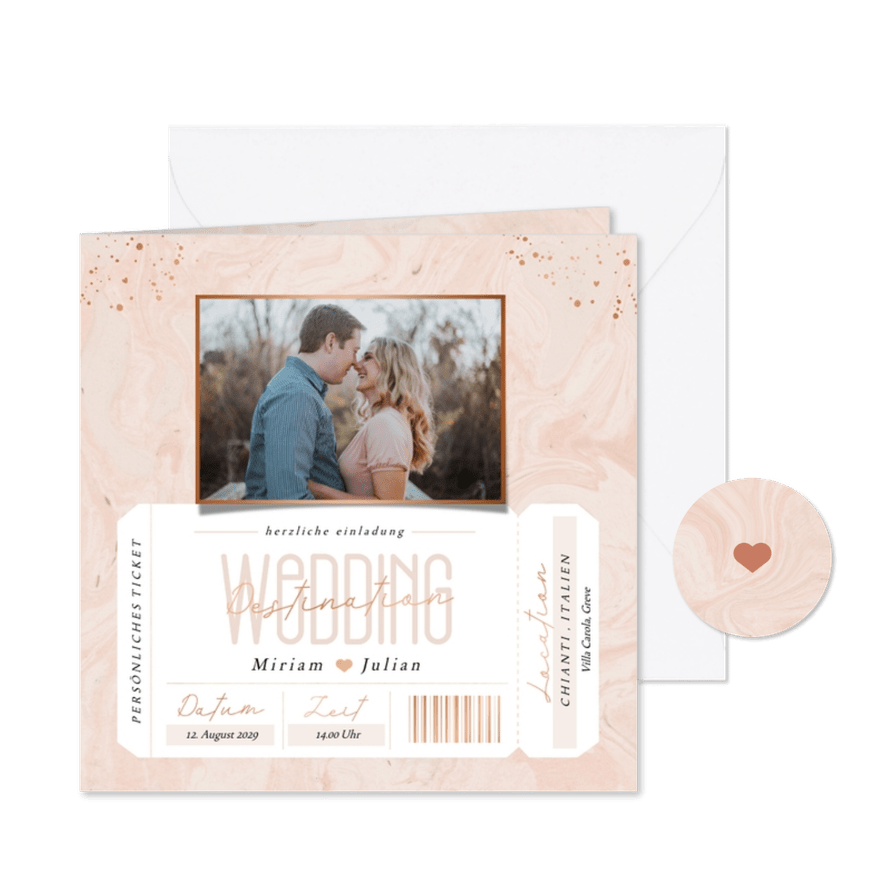 Hochzeitseinladung Ticket 'Destination Wedding' - Karteneindruck