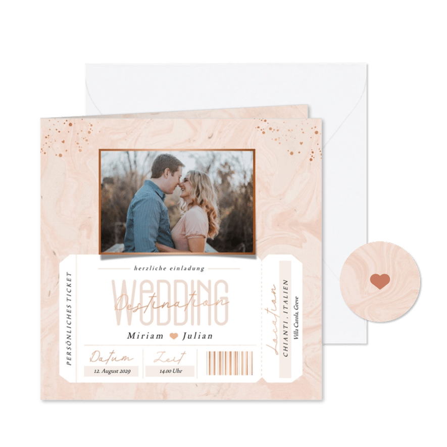 Hochzeitseinladung Ticket 'Destination Wedding' - Kartenvorschau