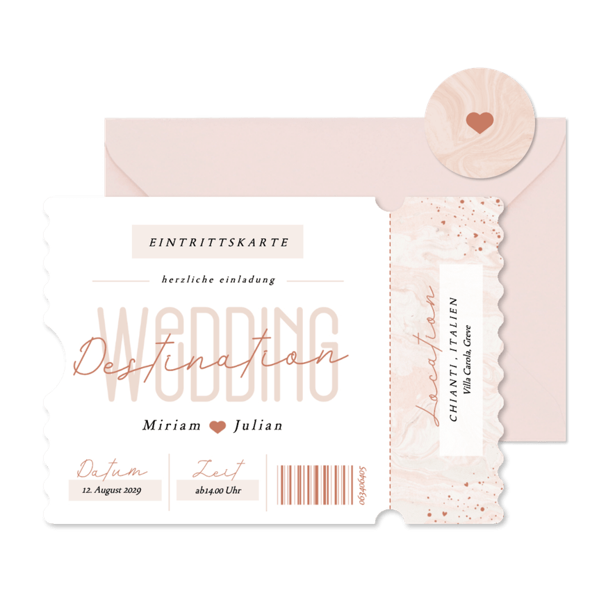Hochzeitseinladung Ticket-Form rosa 'Destination Wedding' - Kartenvorschau