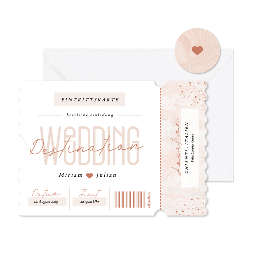 Hochzeitseinladung Ticket-Form rosa 'Destination Wedding' - Karteneindruck
