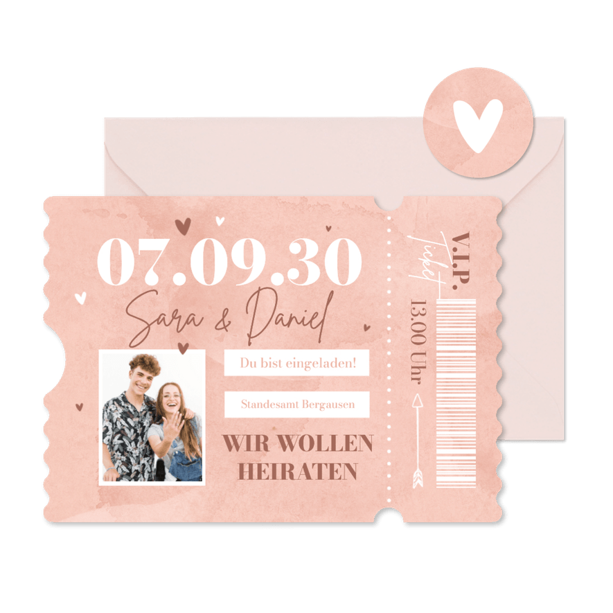 Hochzeitseinladung Ticket rosa Aquarell VIP Foto - Kartenvorschau