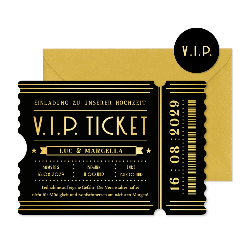 Hochzeitseinladung Ticketform schwarz-gold Artdeco - Karteneindruck
