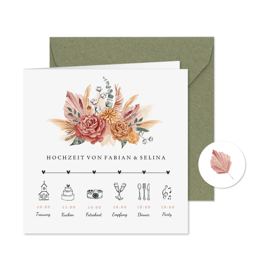 Hochzeitseinladung Timeline Bohemian Flowers - Kartenvorschau