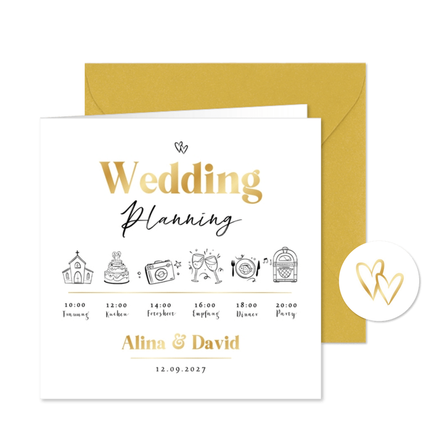 Hochzeitseinladung Timeline Goldschrift - Karteneindruck