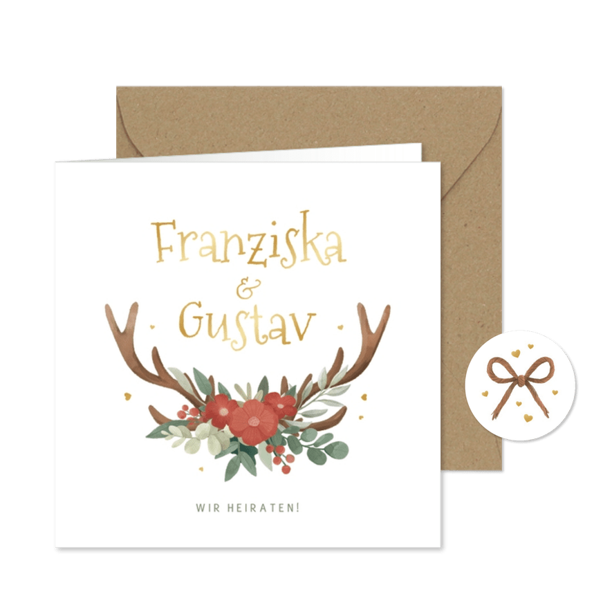 Hochzeitseinladung Tracht, Blumen & Geweih - Karteneindruck
